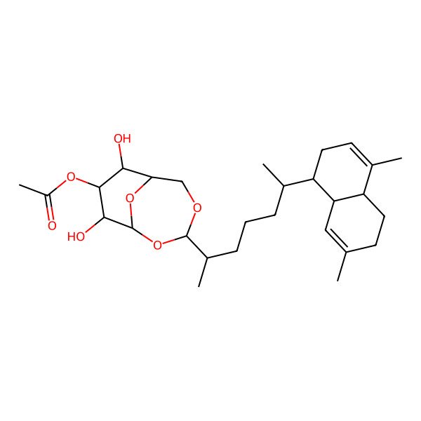 2D Structure of [(1S,6R,7R,8S,9R)-3-[(2R,6R)-6-[(1S,4aS,8aR)-4,7-dimethyl-1,2,4a,5,6,8a-hexahydronaphthalen-1-yl]heptan-2-yl]-7,9-dihydroxy-2,4,10-trioxabicyclo[4.3.1]decan-8-yl] acetate