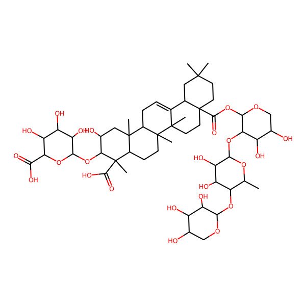 2D Structure of Olean-12-ene-23,28-dioic acid, 3-(beta-D-glucopyranuronosyloxy)-2-hydroxy-, 28-(O-beta-D-xylopyranosyl-(1-->4)-O-6-deoxy-alpha-L-mannopyranosyl-(1-->2)-alpha-L-arabinopyranosyl) ester, (2beta,3beta,4alpha)-