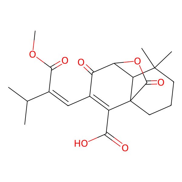 2D Structure of 2H-1,4a-(Epoxymethano)naphthalene-4-carboxylic acid, 1,5,6,7,8,8a-hexahydro-3-[(1Z)-2-(methoxycarbonyl)-3-methyl-1-butenyl]-8,8-dimethyl-2,9-dioxo-, (1R,4aS,8aR)-rel-(+)-