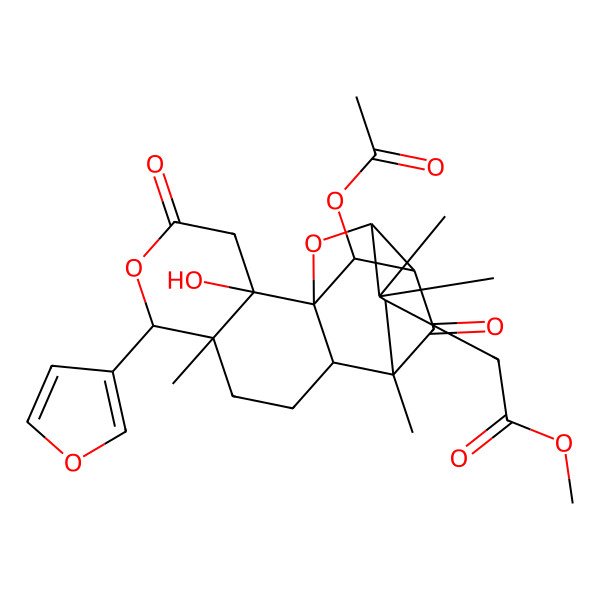2D Structure of methyl 2-[(1S,2R,5S,6S,10S,11R,12R,13R,14R,16S)-12-acetyloxy-6-(furan-3-yl)-10-hydroxy-1,5,15,15-tetramethyl-8,17-dioxo-7,18-dioxapentacyclo[11.3.1.111,14.02,11.05,10]octadecan-16-yl]acetate