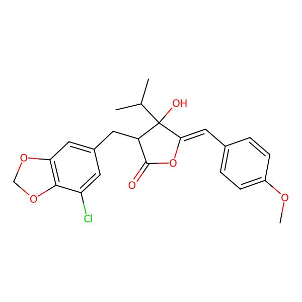 2D Structure of (3S,4S,5Z)-3-[(7-chloro-1,3-benzodioxol-5-yl)methyl]-4-hydroxy-5-[(4-methoxyphenyl)methylidene]-4-propan-2-yloxolan-2-one