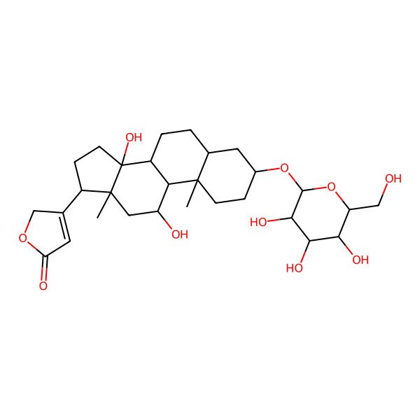 2D Structure of 3-[11,14-dihydroxy-10,13-dimethyl-3-[3,4,5-trihydroxy-6-(hydroxymethyl)oxan-2-yl]oxy-1,2,3,4,5,6,7,8,9,11,12,15,16,17-tetradecahydrocyclopenta[a]phenanthren-17-yl]-2H-furan-5-one