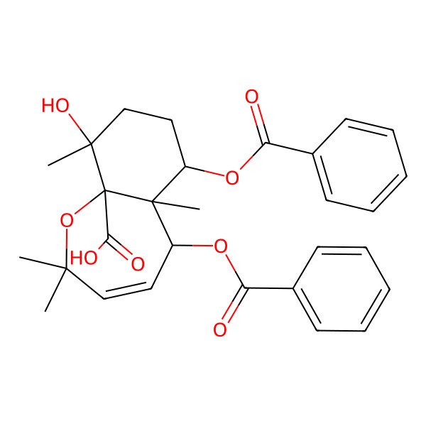 2D Structure of (5S,5aS,6S,9S,9aS)-5,6-dibenzoyloxy-9-hydroxy-2,2,5a,9-tetramethyl-5,6,7,8-tetrahydro-1-benzoxepine-9a-carboxylic acid 2D Structure of (5S,5aS,6S,9S,9aS)-5,6-dibenzoyloxy-9-hydroxy-2,2,5a,9-tetramethyl-5,6,7,8-tetrahydro-1-benzoxepine-9a-carboxylic acid
