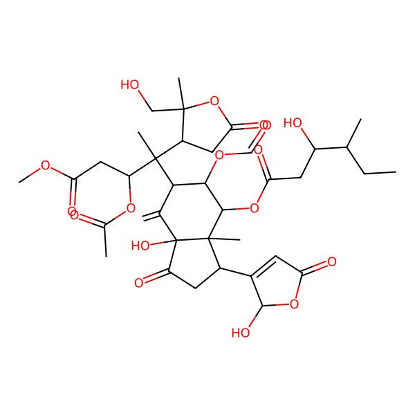 2D Structure of [(3R,3aR,4R,5R,6R,7aS)-6-[(2R,3S)-3-acetyloxy-2-[(2S,3R)-2-(hydroxymethyl)-2-methyl-5-oxooxolan-3-yl]-5-methoxy-5-oxopentan-2-yl]-5-formyloxy-7a-hydroxy-3-[(2S)-2-hydroxy-5-oxo-2H-furan-3-yl]-3a-methyl-7-methylidene-1-oxo-3,4,5,6-tetrahydro-2H-inden-4-yl] (3R,4S)-3-hydroxy-4-methylhexanoate