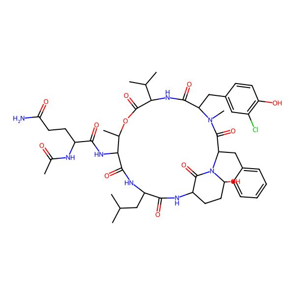 2D Structure of (2S)-2-acetamido-N-[(2R,5S,8R,11R,12S,15S,18R,21R)-2-benzyl-5-[(3-chloro-4-hydroxyphenyl)methyl]-21-hydroxy-4,11-dimethyl-15-(2-methylpropyl)-3,6,9,13,16,22-hexaoxo-8-propan-2-yl-10-oxa-1,4,7,14,17-pentazabicyclo[16.3.1]docosan-12-yl]pentanediamide