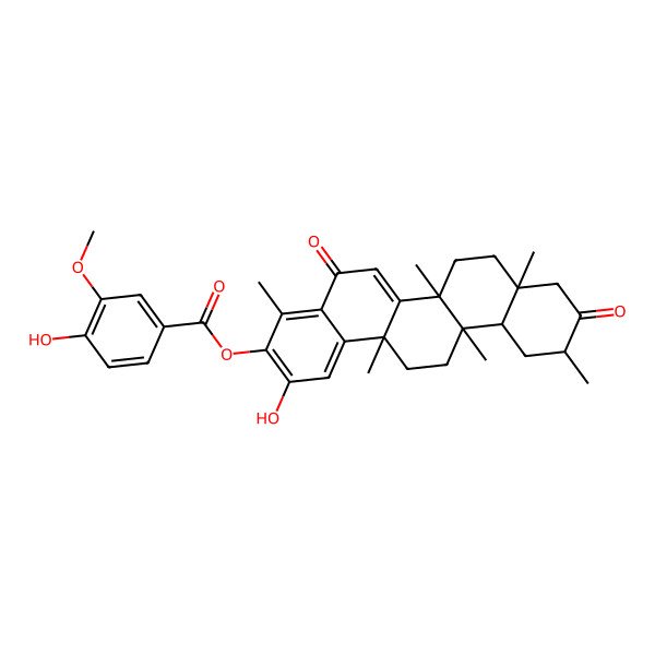 2D Structure of (2-Hydroxy-4,6a,6b,8a,11,14a-hexamethyl-5,10-dioxo-7,8,9,11,12,12a,13,14-octahydropicen-3-yl) 4-hydroxy-3-methoxybenzoate
