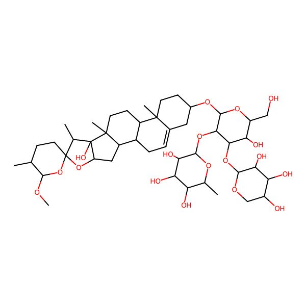 2D Structure of 2-[5-Hydroxy-2-(8-hydroxy-6'-methoxy-5',7,9,13-tetramethylspiro[5-oxapentacyclo[10.8.0.02,9.04,8.013,18]icos-18-ene-6,2'-oxane]-16-yl)oxy-6-(hydroxymethyl)-4-(3,4,5-trihydroxyoxan-2-yl)oxyoxan-3-yl]oxy-6-methyloxane-3,4,5-triol