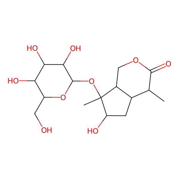 2D Structure of (4R,4aS,6S,7S,7aR)-6-hydroxy-4,7-dimethyl-7-[(2S,3R,4S,5S,6R)-3,4,5-trihydroxy-6-(hydroxymethyl)oxan-2-yl]oxy-1,4,4a,5,6,7a-hexahydrocyclopenta[c]pyran-3-one