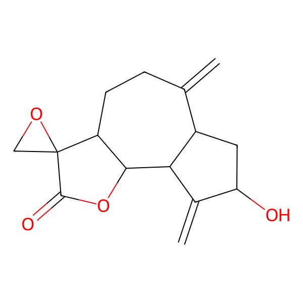 2D Structure of (3R,3aR,6aR,8R,9aR,9bR)-8-hydroxy-6,9-dimethylidenespiro[3a,4,5,6a,7,8,9a,9b-octahydroazuleno[4,5-b]furan-3,2'-oxirane]-2-one