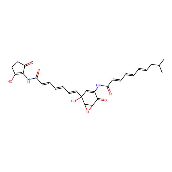 2D Structure of (2E,4E,6E)-N-[(1S,5S,6R)-5-hydroxy-5-[(1E,3E,5E)-7-[(2-hydroxy-5-oxocyclopenten-1-yl)amino]-7-oxohepta-1,3,5-trienyl]-2-oxo-7-oxabicyclo[4.1.0]hept-3-en-3-yl]-9-methyldeca-2,4,6-trienamide