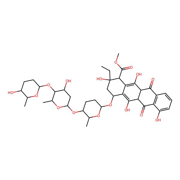 2D Structure of methyl (2R)-2-ethyl-2,5,7,12-tetrahydroxy-4-[5-[4-hydroxy-5-(5-hydroxy-6-methyloxan-2-yl)oxy-6-methyloxan-2-yl]oxy-6-methyloxan-2-yl]oxy-6,11-dioxo-3,4,5a,11a-tetrahydro-1H-tetracene-1-carboxylate