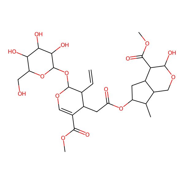 2D Structure of methyl (3R,4R,4aS,6R,7R,7aS)-6-[2-[(2S,3R,4S)-3-ethenyl-5-methoxycarbonyl-2-[(2S,3R,4S,5S,6R)-3,4,5-trihydroxy-6-(hydroxymethyl)oxan-2-yl]oxy-3,4-dihydro-2H-pyran-4-yl]acetyl]oxy-3-hydroxy-7-methyl-1,3,4,4a,5,6,7,7a-octahydrocyclopenta[c]pyran-4-carboxylate