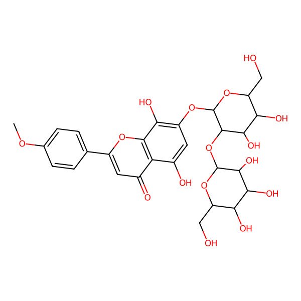 2D Structure of 7-[4,5-Dihydroxy-6-(hydroxymethyl)-3-[3,4,5-trihydroxy-6-(hydroxymethyl)oxan-2-yl]oxyoxan-2-yl]oxy-5,8-dihydroxy-2-(4-methoxyphenyl)chromen-4-one