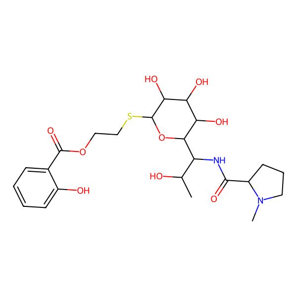 2D Structure of 2-[(2R,3R,4S,5R,6S)-3,4,5-trihydroxy-6-[(1R,2R)-2-hydroxy-1-[[(2S)-1-methylpyrrolidine-2-carbonyl]amino]propyl]oxan-2-yl]sulfanylethyl 2-hydroxybenzoate