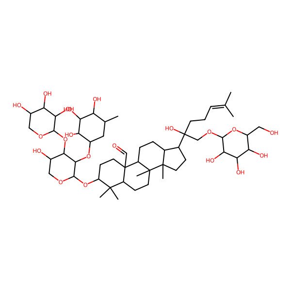 2D Structure of (3S,5S,8R,9S,10S,13R,14R,17S)-17-[(2S)-2-hydroxy-6-methyl-1-[(2R,3R,4S,5S,6R)-3,4,5-trihydroxy-6-(hydroxymethyl)oxan-2-yl]oxyhept-5-en-2-yl]-3-[(2S,3R,4S,5S)-5-hydroxy-3-[(1R,2R,3R,4S,5R)-2,3,4-trihydroxy-5-methylcyclohexyl]oxy-4-[(2S,3R,4S,5R)-3,4,5-trihydroxyoxan-2-yl]oxyoxan-2-yl]oxy-4,4,8,14-tetramethyl-2,3,5,6,7,9,11,12,13,15,16,17-dodecahydro-1H-cyclopenta[a]phenanthrene-10-carbaldehyde