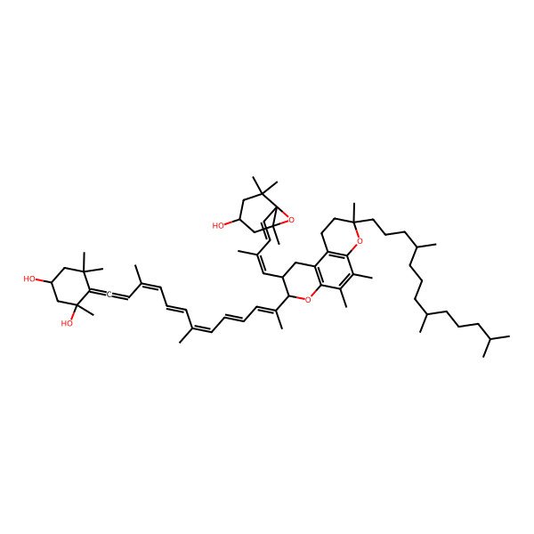 2D Structure of cis-(1S,3S)-6-[(3E,5E,7E,9E,11E)-12-[(3S,8R,9S)-9-[(1E,3E)-4-[(1R,4R,6S)-4-hydroxy-2,2,6-trimethyl-7-oxabicyclo[4.1.0]heptan-1-yl]-2-methylbuta-1,3-dienyl]-3,5,6-trimethyl-3-[(4R,8R)-4,8,12-trimethyltridecyl]-2,8,9,10-tetrahydro-1H-pyrano[3,2-f]chromen-8-yl]-3,7-dimethyltrideca-1,3,5,7,9,11-hexaenylidene]-1,5,5-trimethylcyclohexane-1,3-diol