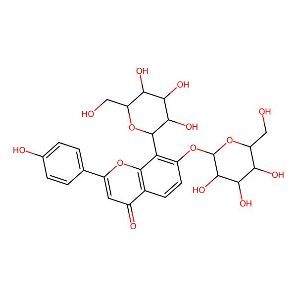 2D Structure of 2-(4-hydroxyphenyl)-8-[(2S,3R,4S,5S,6R)-3,4,5-trihydroxy-6-(hydroxymethyl)oxan-2-yl]-7-[(2S,3R,4S,5S,6R)-3,4,5-trihydroxy-6-(hydroxymethyl)oxan-2-yl]oxychromen-4-one