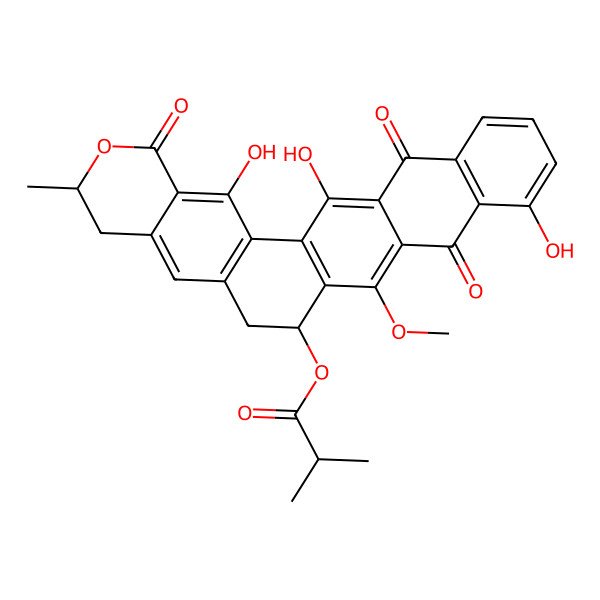 2D Structure of (3,19,26-Trihydroxy-15-methoxy-7-methyl-5,17,24-trioxo-6-oxahexacyclo[12.12.0.02,11.04,9.016,25.018,23]hexacosa-1(14),2(11),3,9,15,18(23),19,21,25-nonaen-13-yl) 2-methylpropanoate