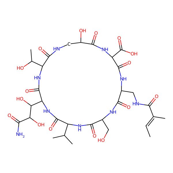 2D Structure of 14-(3-amino-1,2-dihydroxy-3-oxopropyl)-21-hydroxy-17-(1-hydroxyethyl)-8-(hydroxymethyl)-5-[[[(Z)-2-methylbut-2-enoyl]amino]methyl]-3,6,9,12,15,18,22-heptaoxo-11-propan-2-yl-1,4,7,10,13,16,19-heptazacyclodocosane-2-carboxylic acid