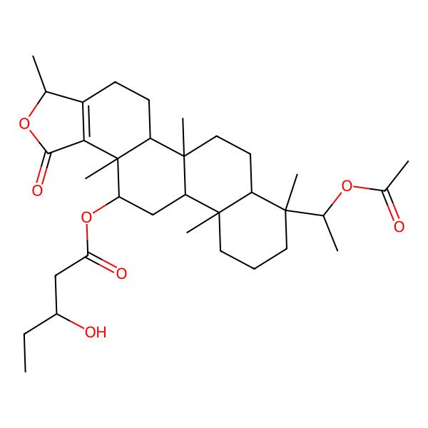 2D Structure of [(3S,5aS,5bR,7aR,8S,11aR,11bR,13S,13aS)-8-(1-acetyloxyethyl)-3,5b,8,11a,13a-pentamethyl-1-oxo-4,5,5a,6,7,7a,9,10,11,11b,12,13-dodecahydro-3H-phenanthro[2,1-e][2]benzofuran-13-yl] 3-hydroxypentanoate