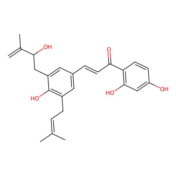 2D Structure of (E)-1-(2,4-dihydroxyphenyl)-3-[4-hydroxy-3-[(2S)-2-hydroxy-3-methylbut-3-enyl]-5-(3-methylbut-2-enyl)phenyl]prop-2-en-1-one