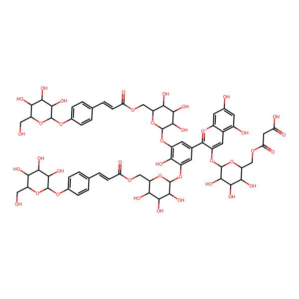 2D Structure of 3-[[(2R,3S,4S,5R,6S)-6-[5,7-dihydroxy-2-[4-hydroxy-3,5-bis[[(2S,3R,4S,5S,6R)-3,4,5-trihydroxy-6-[[(E)-3-[4-[(2S,3R,4S,5S,6R)-3,4,5-trihydroxy-6-(hydroxymethyl)oxan-2-yl]oxyphenyl]prop-2-enoyl]oxymethyl]oxan-2-yl]oxy]phenyl]chromenylium-3-yl]oxy-3,4,5-trihydroxyoxan-2-yl]methoxy]-3-oxopropanoic acid