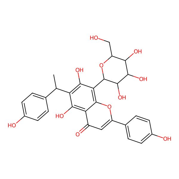 2D Structure of 5,7-dihydroxy-2-(4-hydroxyphenyl)-6-[(1S)-1-(4-hydroxyphenyl)ethyl]-8-[(2S,3R,4R,5R,6R)-3,4,5-trihydroxy-6-(hydroxymethyl)oxan-2-yl]chromen-4-one