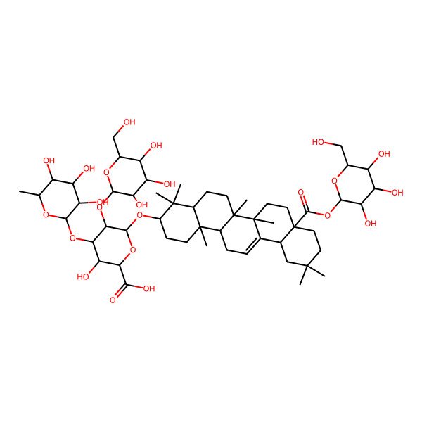 2D Structure of 6-[[4,4,6a,6b,11,11,14b-Heptamethyl-8a-[3,4,5-trihydroxy-6-(hydroxymethyl)oxan-2-yl]oxycarbonyl-1,2,3,4a,5,6,7,8,9,10,12,12a,14,14a-tetradecahydropicen-3-yl]oxy]-3-hydroxy-5-[3,4,5-trihydroxy-6-(hydroxymethyl)oxan-2-yl]oxy-4-(3,4,5-trihydroxy-6-methyloxan-2-yl)oxyoxane-2-carboxylic acid
