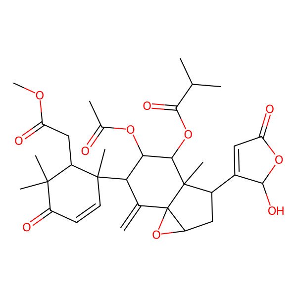 2D Structure of [5-acetyloxy-3-(2-hydroxy-5-oxo-2H-furan-3-yl)-6-[6-(2-methoxy-2-oxoethyl)-1,5,5-trimethyl-4-oxocyclohex-2-en-1-yl]-3a-methyl-7-methylidene-1a,2,3,4,5,6-hexahydroindeno[1,7a-b]oxiren-4-yl] 2-methylpropanoate