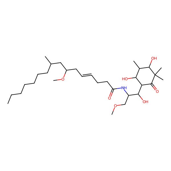 2D Structure of N-[1-(4,6-Dihydroxy-3,3,5-trimethyl-2-oxocyclohexyl)-1-hydroxy-3-methoxypropan-2-YL]-7-methoxy-9-methylhexadec-4-enamide