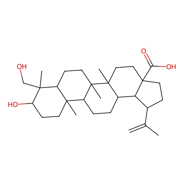 2D Structure of (1R,3aS,5aR,5bR,7aR,8R,9S,11aR,11bR,13aR,13bS)-9-hydroxy-8-(hydroxymethyl)-5a,5b,8,11a-tetramethyl-1-prop-1-en-2-yl-1,2,3,4,5,6,7,7a,9,10,11,11b,12,13,13a,13b-hexadecahydrocyclopenta[a]chrysene-3a-carboxylic acid