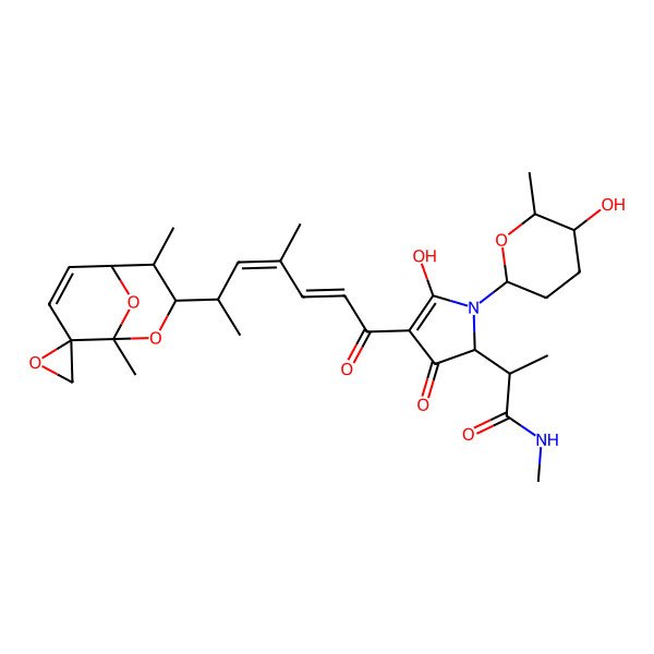 2D Structure of (2S)-2-[(2S)-4-[(2E,4E,6R)-6-[(1S,3S,4S,5S,8S)-1,4-dimethylspiro[2,9-dioxabicyclo[3.3.1]non-6-ene-8,2'-oxirane]-3-yl]-4-methylhepta-2,4-dienoyl]-5-hydroxy-1-[(2S,5S,6S)-5-hydroxy-6-methyloxan-2-yl]-3-oxo-2H-pyrrol-2-yl]-N-methylpropanamide