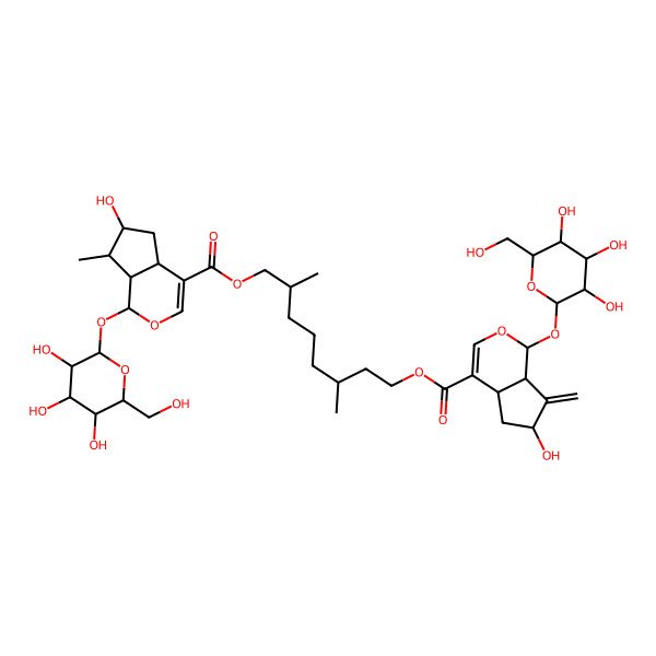 2D Structure of [8-[6-hydroxy-7-methyl-1-[3,4,5-trihydroxy-6-(hydroxymethyl)oxan-2-yl]oxy-1,4a,5,6,7,7a-hexahydrocyclopenta[c]pyran-4-carbonyl]oxy-3,7-dimethyloctyl] 6-hydroxy-7-methylidene-1-[3,4,5-trihydroxy-6-(hydroxymethyl)oxan-2-yl]oxy-4a,5,6,7a-tetrahydro-1H-cyclopenta[c]pyran-4-carboxylate