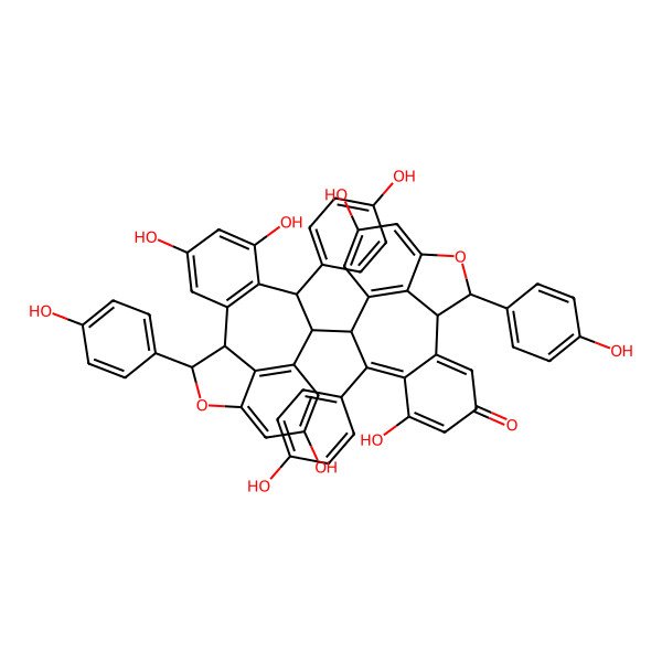 2D Structure of (9S,16R)-6,12-dihydroxy-8,16-bis(4-hydroxyphenyl)-9-[(8R,9S,16R)-4,6,12-trihydroxy-8,16-bis(4-hydroxyphenyl)-15-oxatetracyclo[8.6.1.02,7.014,17]heptadeca-2(7),3,5,10(17),11,13-hexaen-9-yl]-15-oxatetracyclo[8.6.1.02,7.014,17]heptadeca-2,5,7,10(17),11,13-hexaen-4-one