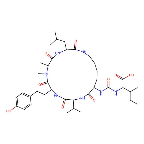 2D Structure of 2-[[9-[2-(4-Hydroxyphenyl)ethyl]-6,7-dimethyl-3-(2-methylpropyl)-2,5,8,11,14-pentaoxo-12-propan-2-yl-1,4,7,10,13-pentazacyclononadec-15-yl]carbamoylamino]-3-methylpentanoic acid