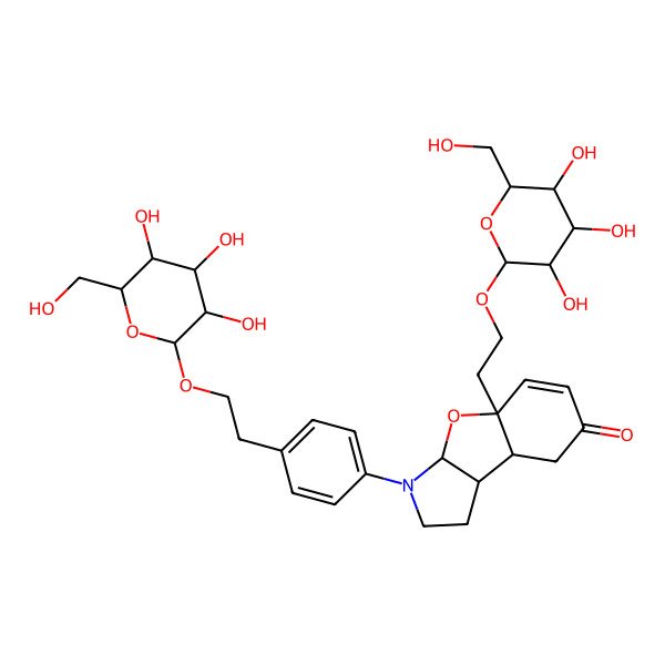 2D Structure of 4a-[2-[3,4,5-Trihydroxy-6-(hydroxymethyl)oxan-2-yl]oxyethyl]-3-[4-[2-[3,4,5-trihydroxy-6-(hydroxymethyl)oxan-2-yl]oxyethyl]phenyl]-1,2,3a,8,8a,8b-hexahydro-[1]benzofuro[2,3-b]pyrrol-7-one