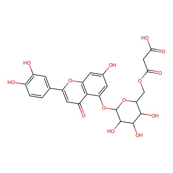 2D Structure of 3-[[(2R,3S,4S,5R,6S)-6-[2-(3,4-dihydroxyphenyl)-7-hydroxy-4-oxochromen-5-yl]oxy-3,4,5-trihydroxyoxan-2-yl]methoxy]-3-oxopropanoic acid