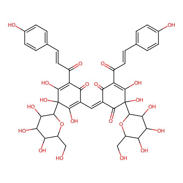 2D Structure of 5,6-Dihydroxy-4-[3-(4-hydroxyphenyl)prop-2-enoyl]-6-[3,4,5-trihydroxy-6-(hydroxymethyl)oxan-2-yl]-2-[[2,3,4-trihydroxy-5-[3-(4-hydroxyphenyl)prop-2-enoyl]-6-oxo-3-[3,4,5-trihydroxy-6-(hydroxymethyl)oxan-2-yl]cyclohexa-1,4-dien-1-yl]methylidene]cyclohex-4-ene-1,3-dione