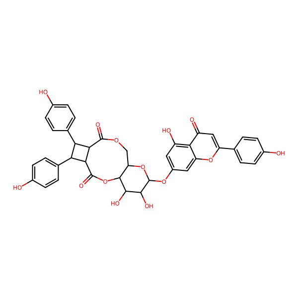 2D Structure of 14,15-Dihydroxy-13-[5-hydroxy-2-(4-hydroxyphenyl)-4-oxochromen-7-yl]oxy-5,6-bis(4-hydroxyphenyl)-2,9,12-trioxatricyclo[9.4.0.04,7]pentadecane-3,8-dione