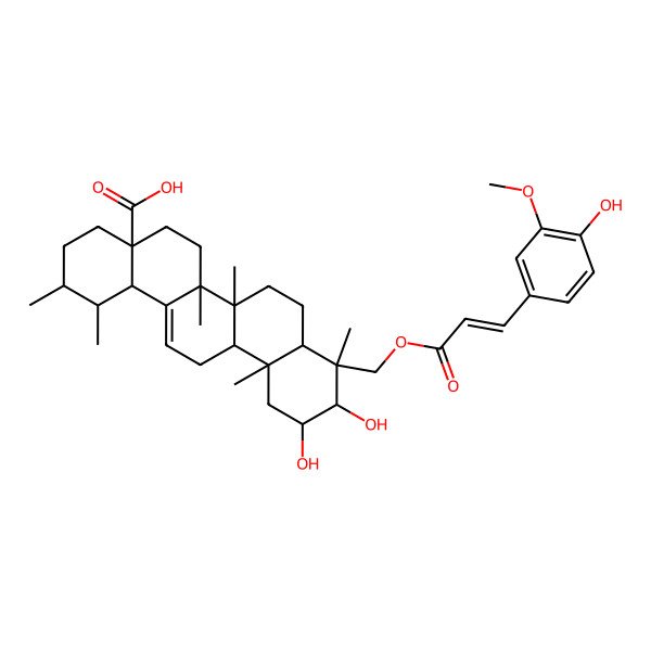 2D Structure of (1S,2R,4aS,6aR,6aS,6bR,8aR,9S,10S,11R,12aR,14bS)-10,11-dihydroxy-9-[[(E)-3-(4-hydroxy-3-methoxyphenyl)prop-2-enoyl]oxymethyl]-1,2,6a,6b,9,12a-hexamethyl-2,3,4,5,6,6a,7,8,8a,10,11,12,13,14b-tetradecahydro-1H-picene-4a-carboxylic acid