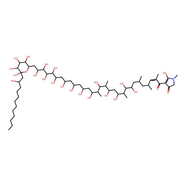 2D Structure of 5-hydroxy-1-methyl-4-[(E)-8,9,11,13,15,17,19,21,23,25,26,27,28,29-tetradecahydroxy-2,4,6,10,14,16-hexamethyl-30-[3,4,5,6-tetrahydroxy-6-(2-hydroxydodecyl)oxan-2-yl]triacont-2-enoyl]-2H-pyrrol-3-one