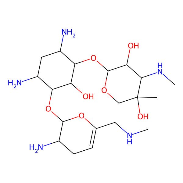 2D Structure of (2R,3R,4R,5R)-2-[(1S,2S,3R,4S,6R)-4,6-diamino-3-[[(2S,3R)-3-amino-6-(methylaminomethyl)-3,4-dihydro-2H-pyran-2-yl]oxy]-2-hydroxycyclohexyl]oxy-5-methyl-4-(methylamino)oxane-3,5-diol