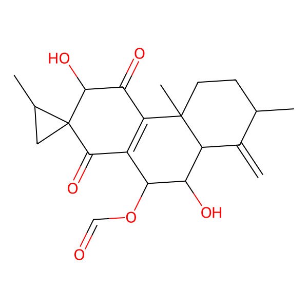 2D Structure of (6,10-dihydroxy-2,2',4a-trimethyl-1-methylidene-5,8-dioxospiro[3,4,6,9,10,10a-hexahydro-2H-phenanthrene-7,1'-cyclopropane]-9-yl) formate