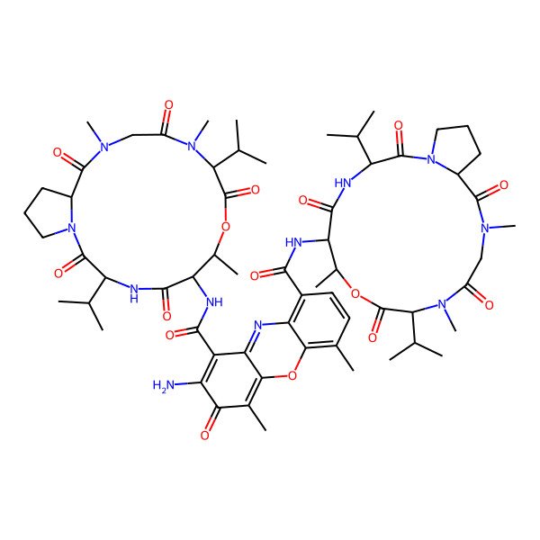 2D Structure of 2-amino-4,6-dimethyl-3-oxo-1-N,9-N-bis[(3R)-7,11,14-trimethyl-2,5,9,12,15-pentaoxo-3,10-di(propan-2-yl)-8-oxa-1,4,11,14-tetrazabicyclo[14.3.0]nonadecan-6-yl]phenoxazine-1,9-dicarboxamide