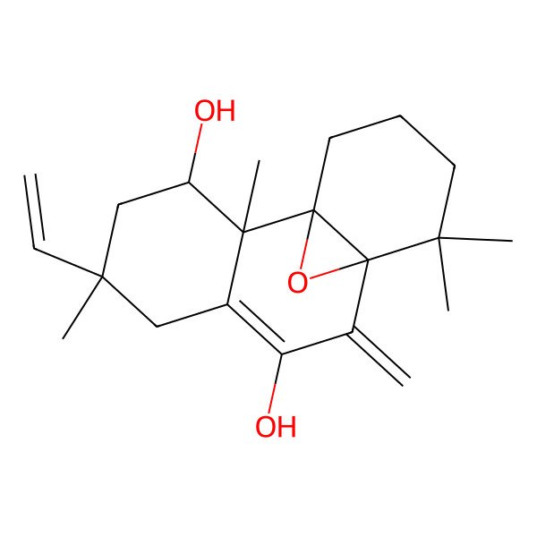 2D Structure of (1R,2S,3S,5R,10S)-5-ethenyl-2,5,11,11-tetramethyl-9-methylidene-15-oxatetracyclo[8.4.1.01,10.02,7]pentadec-7-ene-3,8-diol