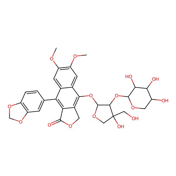 2D Structure of 9-(1,3-benzodioxol-5-yl)-4-[(2S,3R,4R)-4-hydroxy-4-(hydroxymethyl)-3-[(2S,3R,4S,5S)-3,4,5-trihydroxyoxan-2-yl]oxyoxolan-2-yl]oxy-6,7-dimethoxy-3H-benzo[f][2]benzofuran-1-one