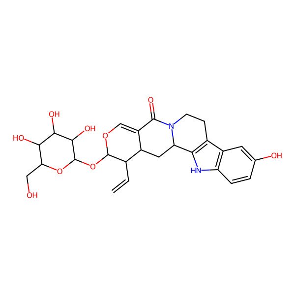 2D Structure of 19-Ethenyl-7-hydroxy-18-[3,4,5-trihydroxy-6-(hydroxymethyl)oxan-2-yl]oxy-17-oxa-3,13-diazapentacyclo[11.8.0.02,10.04,9.015,20]henicosa-2(10),4(9),5,7,15-pentaen-14-one