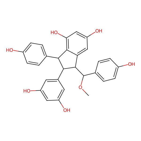 2D Structure of 1alpha-[(S)-alpha-Methoxy-4-hydroxybenzyl]-2beta-(3,5-dihydroxyphenyl)-3alpha-(4-hydroxyphenyl)-2,3-dihydro-1H-indene-4,6-diol