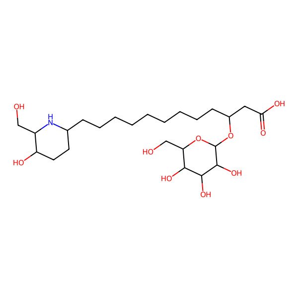 2D Structure of 12-[5-Hydroxy-6-(hydroxymethyl)piperidin-2-yl]-3-[3,4,5-trihydroxy-6-(hydroxymethyl)oxan-2-yl]oxydodecanoic acid