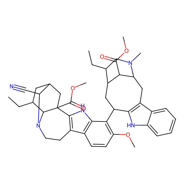 2D Structure of methyl (1S,15R,17S,18S)-14-cyano-17-ethyl-5-[(1S,12R,14S,15S,18S)-15-ethyl-18-methoxycarbonyl-17-methyl-10,17-diazatetracyclo[12.3.1.03,11.04,9]octadeca-3(11),4,6,8-tetraen-12-yl]-6-methoxy-3,13-diazapentacyclo[13.3.1.02,10.04,9.013,18]nonadeca-2(10),4(9),5,7-tetraene-1-carboxylate